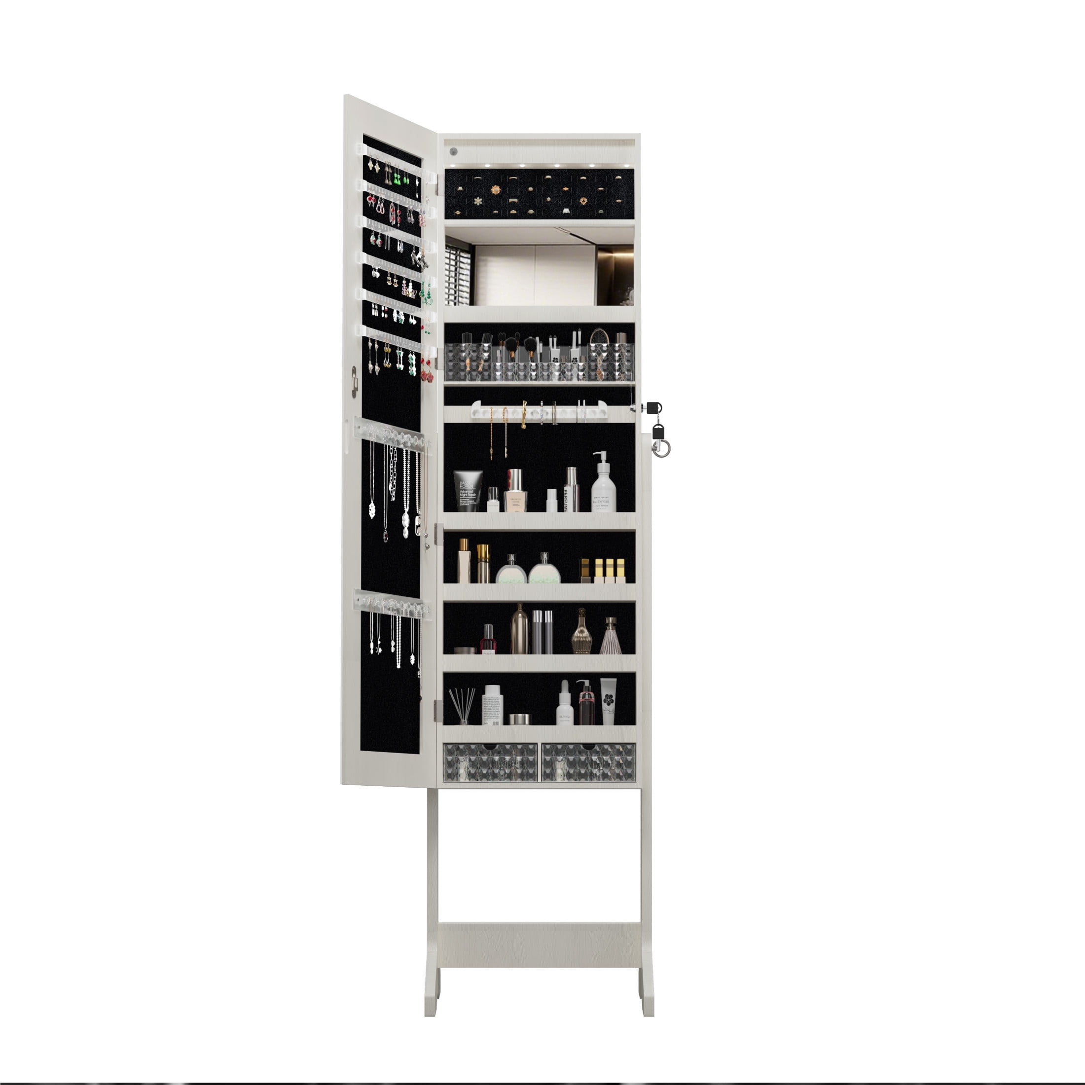 Noble House Standing Jewelry Armoire with Full Length Mirror, Lockable Lighted Organizer with Storage, White