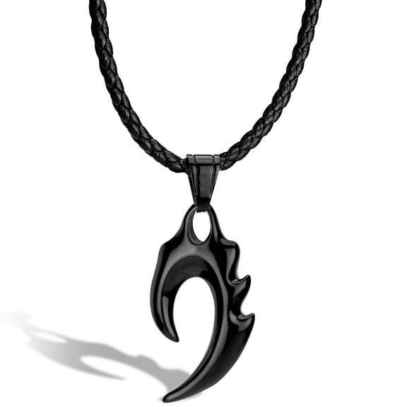 SERASAR Men's Leather necklace "Flame" with Stainless steel Pendant and Magnetic Closure, Black 50cm, incliding Gift box