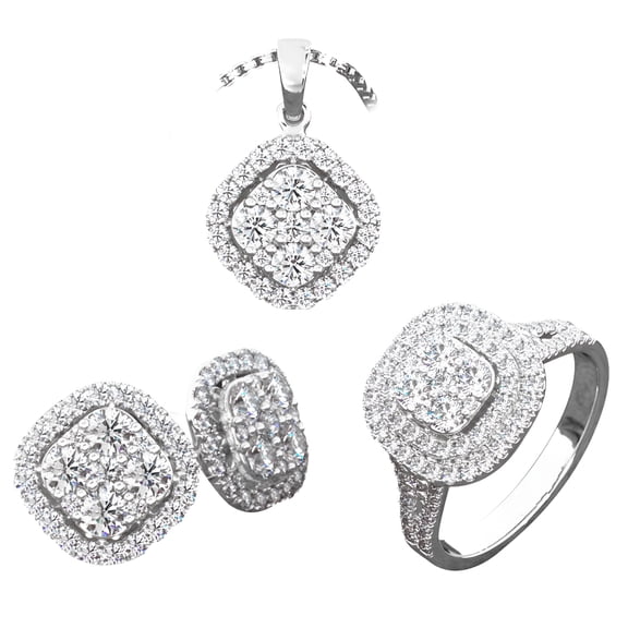 DESIGNICE Women Lady's Shiny Rhinestone Pendant 925 Silver Plated Crystal Wedding Necklace Earrings Finger Ring Jewelry Set