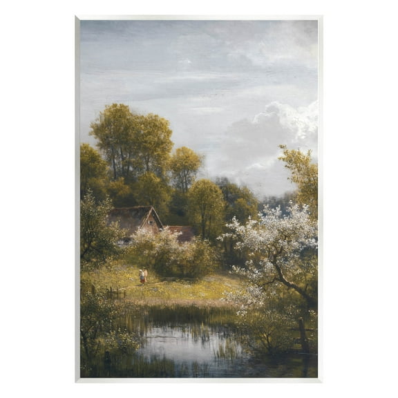 Classic Cottage Backyard Pond Landscape Painting Unframed Art Print Wall Art
