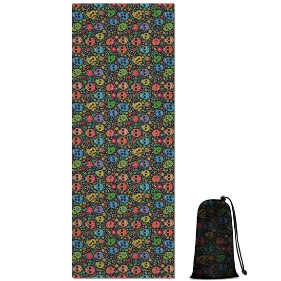 Colorful Skull Flower Pattern Hot Yoga Mat Towel Non Slip for Hot Yoga - Quick-Drying Yoga Mat Cover with 4 Corner Pockets with Travel Bag - Hot Yoga Towel Non Slip 70"x26"