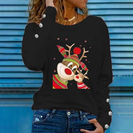 

jsaierl Christmas Sweatshirts for Women Crew Neck Long Sleeve Shirts Christmas Deer Graphic Tops Graphic Funny Blouse Tee Pullover Christmas Gifts for Women