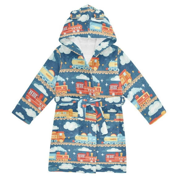 FORMRS Niños Bathrobe Unisex Hooded Robe Soft Plush Pajamas Sleepwear, Size 2-3T, Blue Cute Train Pattern