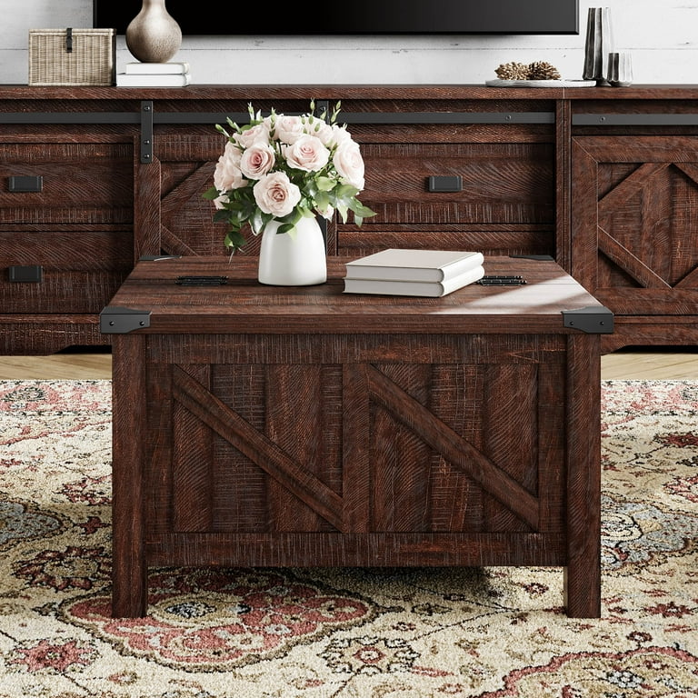 WAMPAT Modern Farmhouse Coffee Table Square Wood Center Table with Gas Struts Lift Top for Extra Large Hidden Storage Metal Bracket Corner