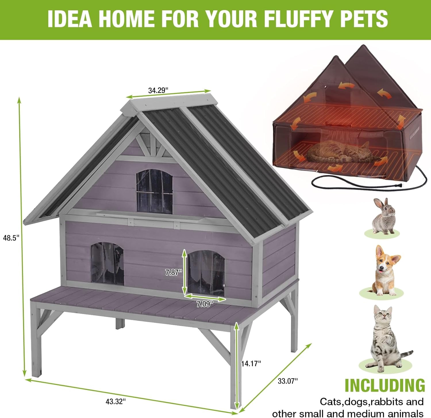 Aivituvin Heated Cat House 2-Level Large Outdoor Cat House Insulated Weatherproof Feral Cat Shelter with 2 Heating Pads, Insulated All-Round Thermal Liner, Large Porch, 3 Escape Doors for 1-6 Cats