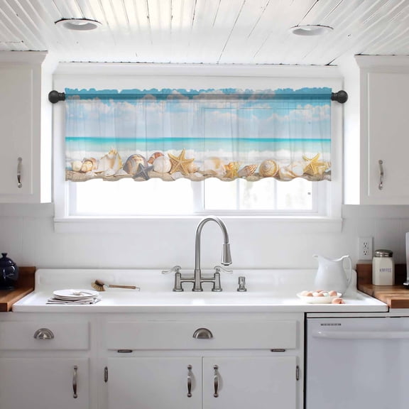 Blue Nautical Coastal Valance Curtains for Kitchen/Living Room/Bathroom/Bedroom Window, Summer Beach Shell Conch Starfish Rod Pocket Small Topper Half Short Window Curtains Voile Sheer Scarf 54"x18"