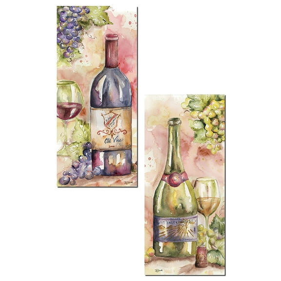 Beautiful Watercolor-Style Wine Bottle Panels by Tre Sorelle Studios; Two 8x18in Poster Prints