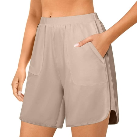 Sevevn Women Oversized Drying Tight Elastic Comfortable Fitness Pocket Side Slits Pants Yoga Shorts Family Gifts Beige L