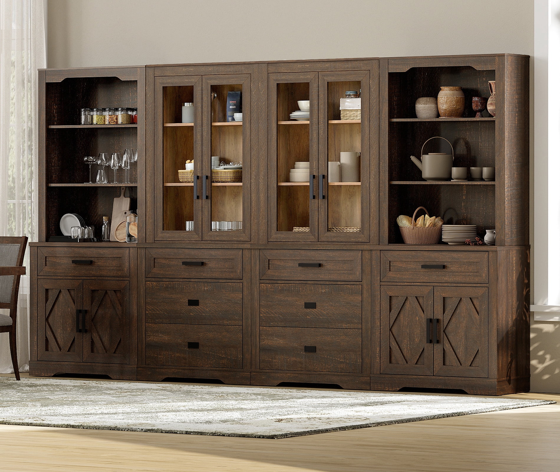 WAMPAT 4 Column 5 Tier Bookcase with Drawer,73.3" Tall Floor Standing Bookshelf,Modern Farmhouse Display Storage Cabinet with Adjustable Shelves for Living Room,Espresso Brown