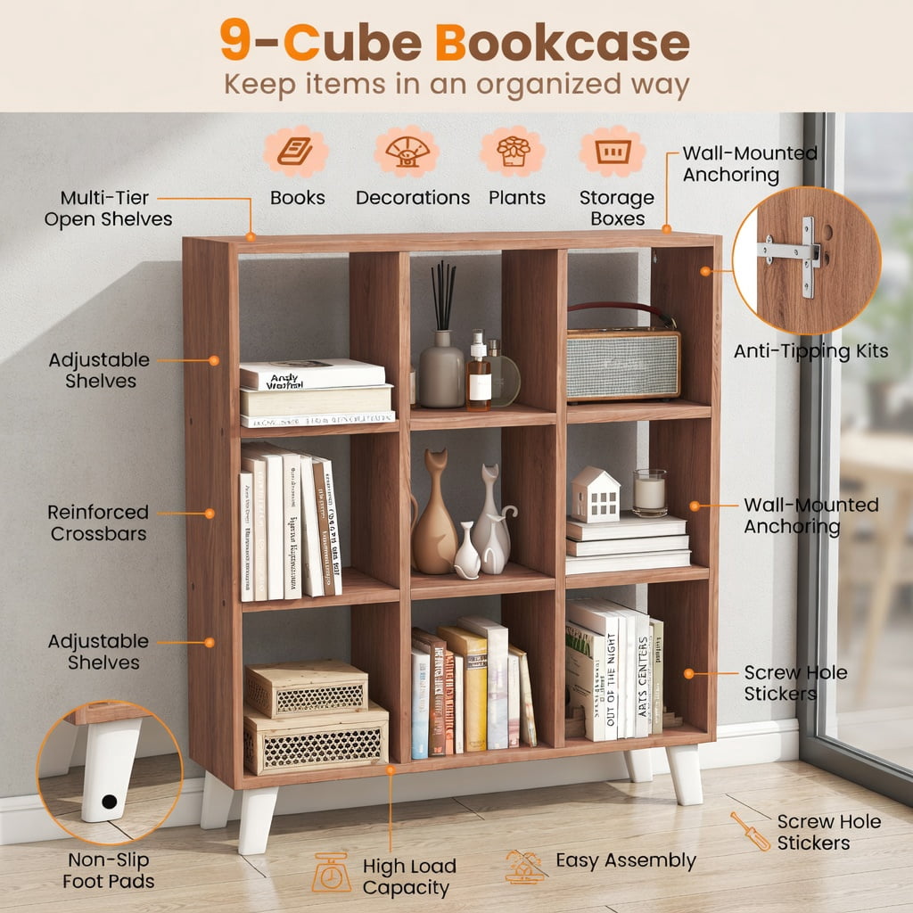 Barara King Book Shelf, Bookshelves,9-Cube Bookcase with 6 Removable Shelves and Raised Support Feet-Brown