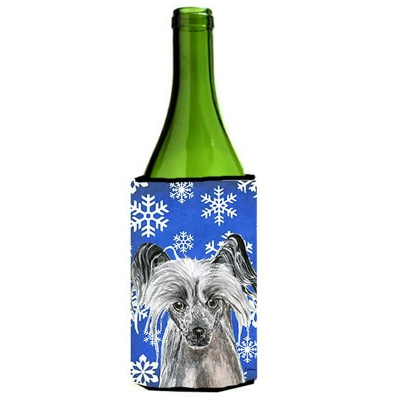 Chinese Crested Blue Snowflake Winter Wine bottle sleeve Hugger - 24 oz.