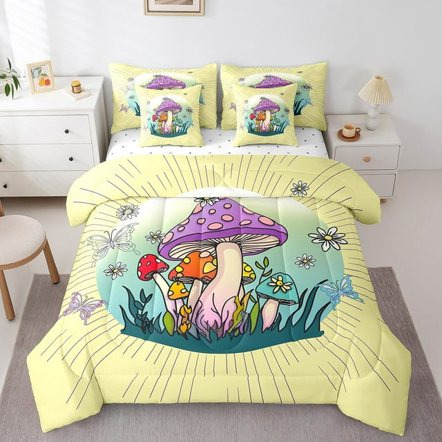 YST Ensemble de Literie Hippie Champignon Plantes Botaniques, Rétro Groovy, Taille Jumeau, 7 Pcs