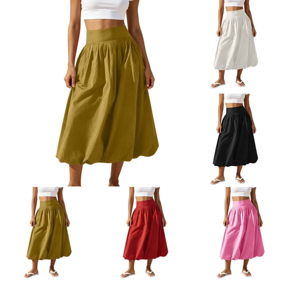 Aboser High Waisted Bubble Skirts for Women Trendy A Line Midi Skirt Puffy Casual Beach Skirts Loose Fitted Summer Skirt Flowy Plain Skirts