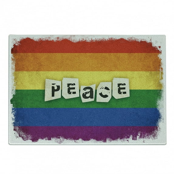 Pride Cutting Board, Grunge and Colorful Striped Backdrop Peace Wording Vintage Gay Lesbian Flag Print, Decorative Tempered Glass Cutting and Serving Board, Small Size, Multicolor, by Ambesonne