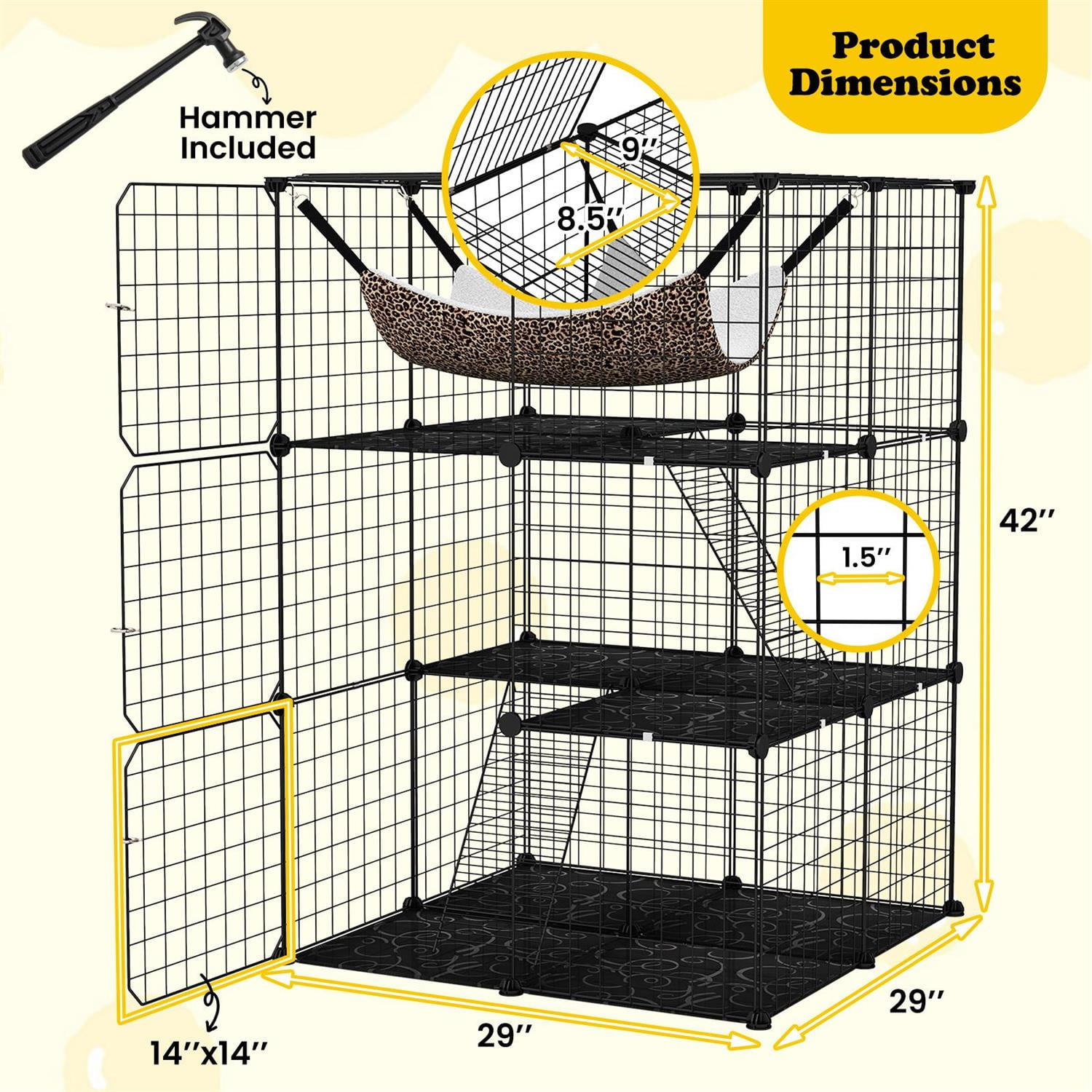 Demi Bonn 3-Tier Indoor Cat Cage, Detachable Metal Wire Kennel, Hammock & Climbing Ladder, Black