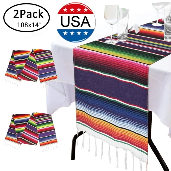 PURELY- 2Pack 108" X 14" Mexican Table Runner Hand Woven Tablecloth Fiesta Party Decor