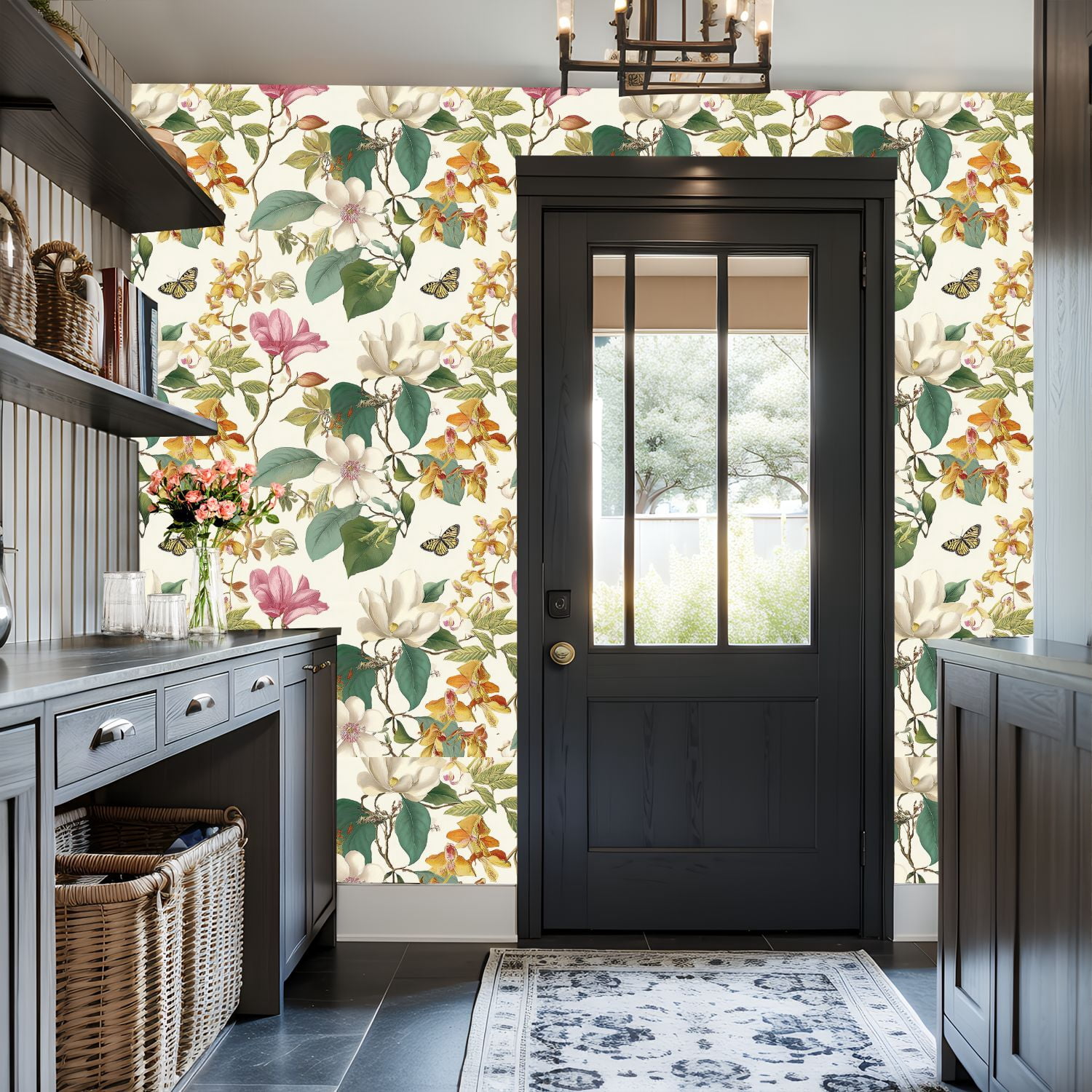 Boho Peel and Stick Wallpaper Vintage Floral Orchids Magnolias Butterflies Wall Mural 17.7in x 9.8ft Self Adhesive Removable Wall Paper Renter Friendly Wallpaper for Nursery Bedroom Cabinets