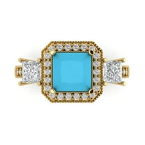3.005 ct Princess Cut Simulated Turquoise 3 Stone 18K Yellow Gold Womens Engagement Ring