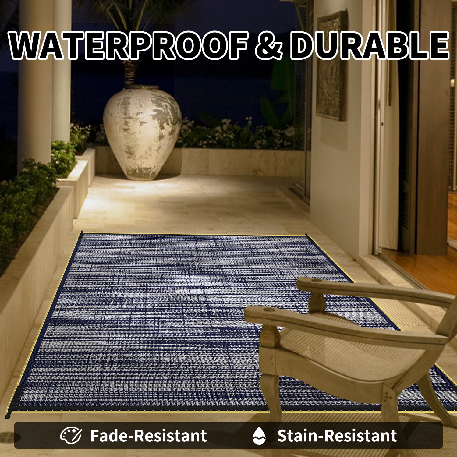 VUNATE Outdoor Rug with LED Strip Lights 8'x10' Waterproof Reversible Patio Rug Plastic Straw Lightweight Indoor Outdoor Rug for RV Camping Deck Balcony Boho Porch Decor Dark Blue and Gray