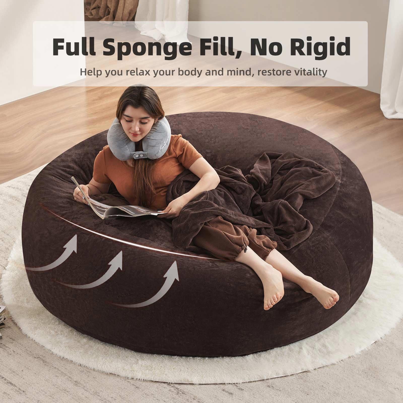 Hommoo 6FT Bean Bag Chair, Memory Foam Filling Soft Sofa with Flannel Cover, Round Sofa for Living Room, Bedroom, College Dorm, Brown