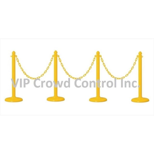 VIP Crowd Control 14 in. Flat Base Plastic Stanchions - 32 ft. Chain, Yellow, 4 Piece