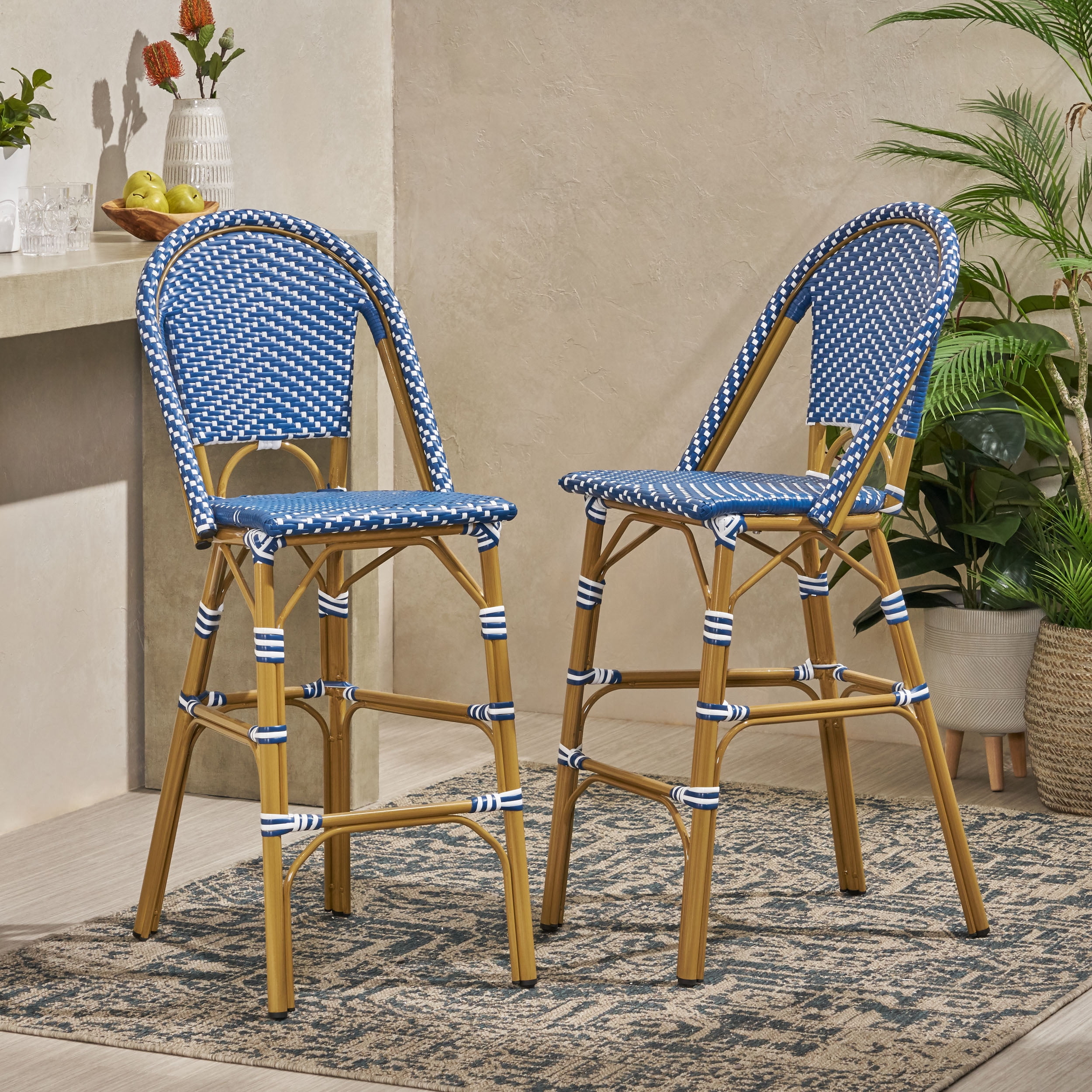 Outdoor French Style Bar Stool Set of 2 29.5 Inch, PE Rattan Frame Height Seats for Patio Bar, Dark Teal and White