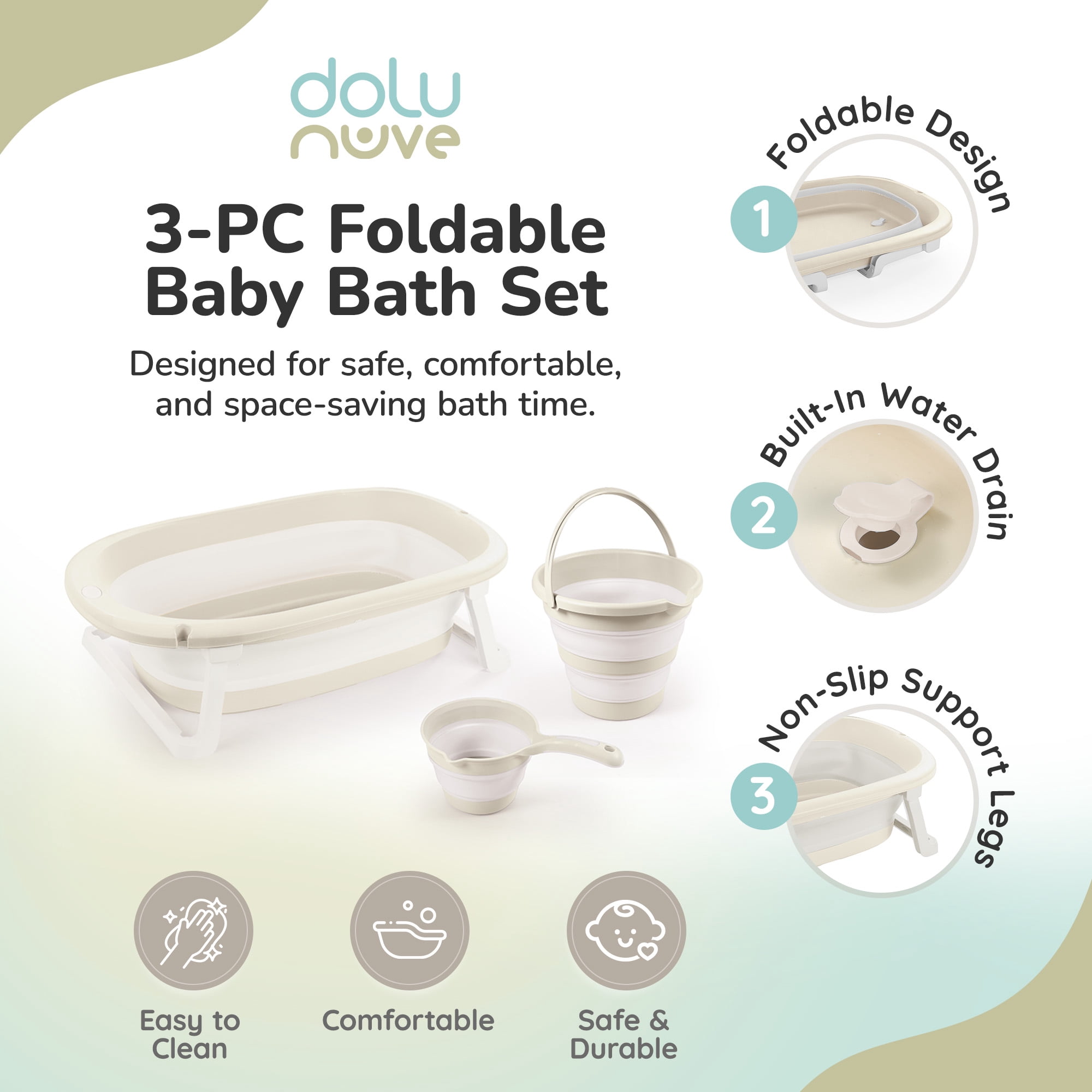 Dolu Nuve 3-Piece Foldable Baby Bath Set, Infant Tub with Bucket and Rinse Cup, Beige
