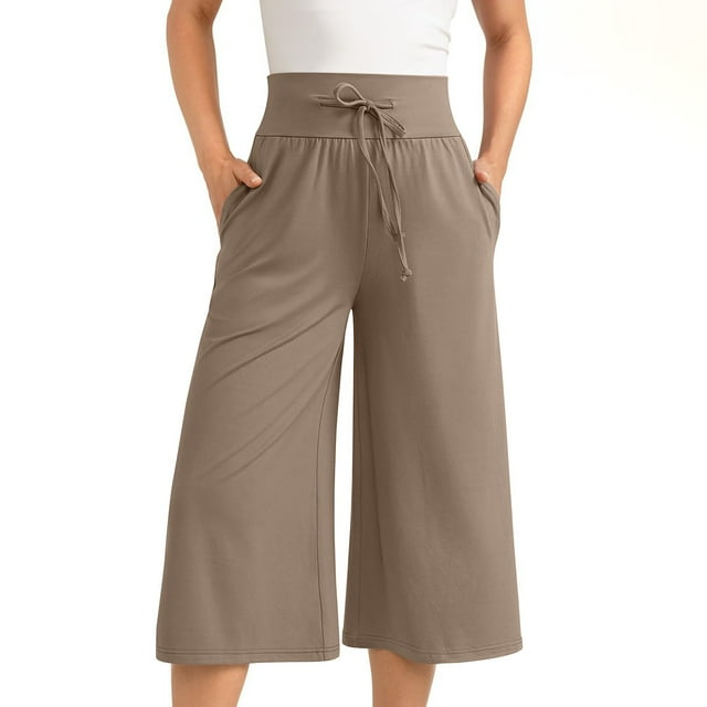 AherBiu Womens Capris for Summer Wide Leg Loose Casual High Waisted Drawstring Comfy Cropped Pants