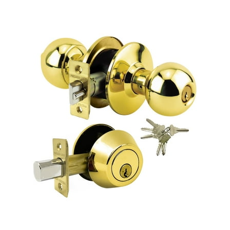 Brass Finish Grade 3 Combo Lock Set with Entry Door Knob and Deadbolt With 6 SC1 Keys - Boxed Keyed Alike
