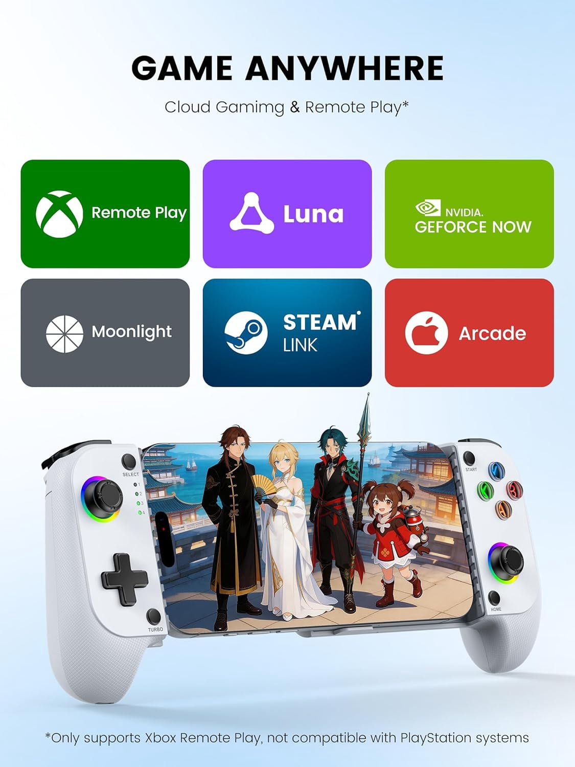MC1 Phone Controller for iPhone(All Model) & Android - Hall Effect Joystick, Enhanced Grip, Case-Friendly, Wireless Mobile Gaming Controller with Travel Dust Bag, 7 Color Lights, Turbo, Wii u