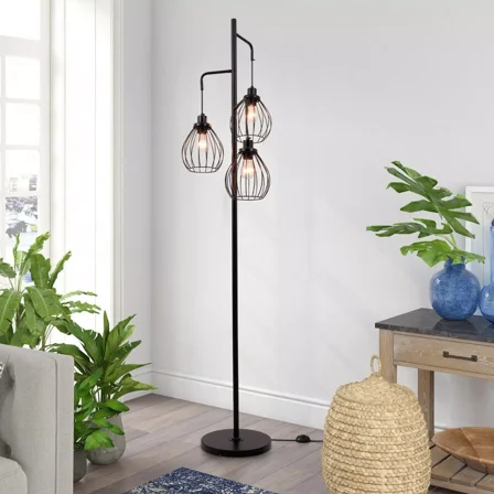 GMizon Vintage Steampunk Floor Light Iron Rod Floor Lamp Pendant Cage 3-Lights Fixtures