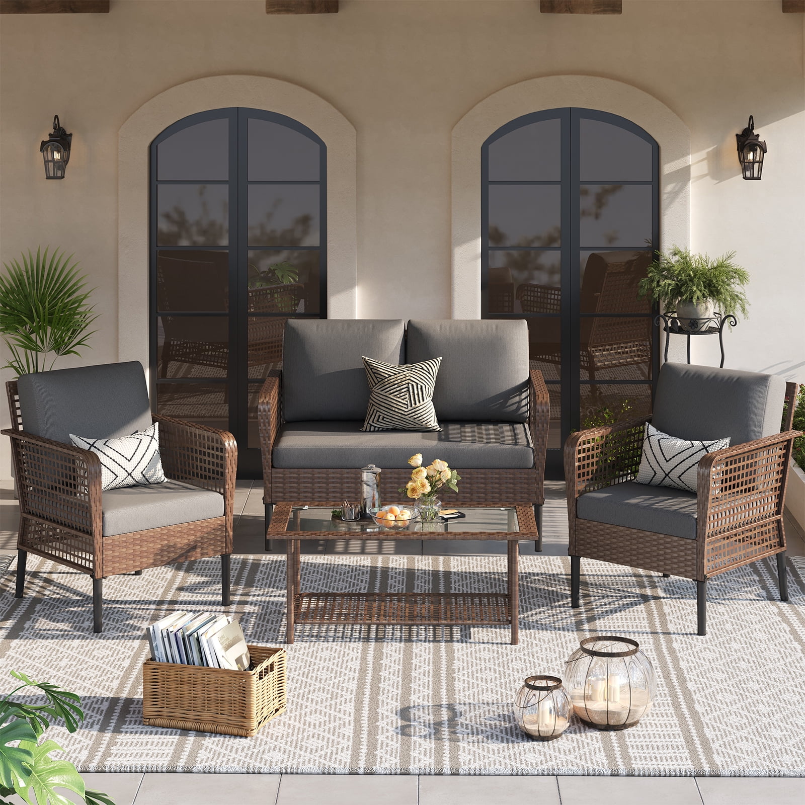 ELPOSUN 4 Pieces Patio Furniture Set, All-Weather Wicker Outdoor Furniture Set for Porch, Patio Conversation Set for Backyard, Balcony, Brown/Gray