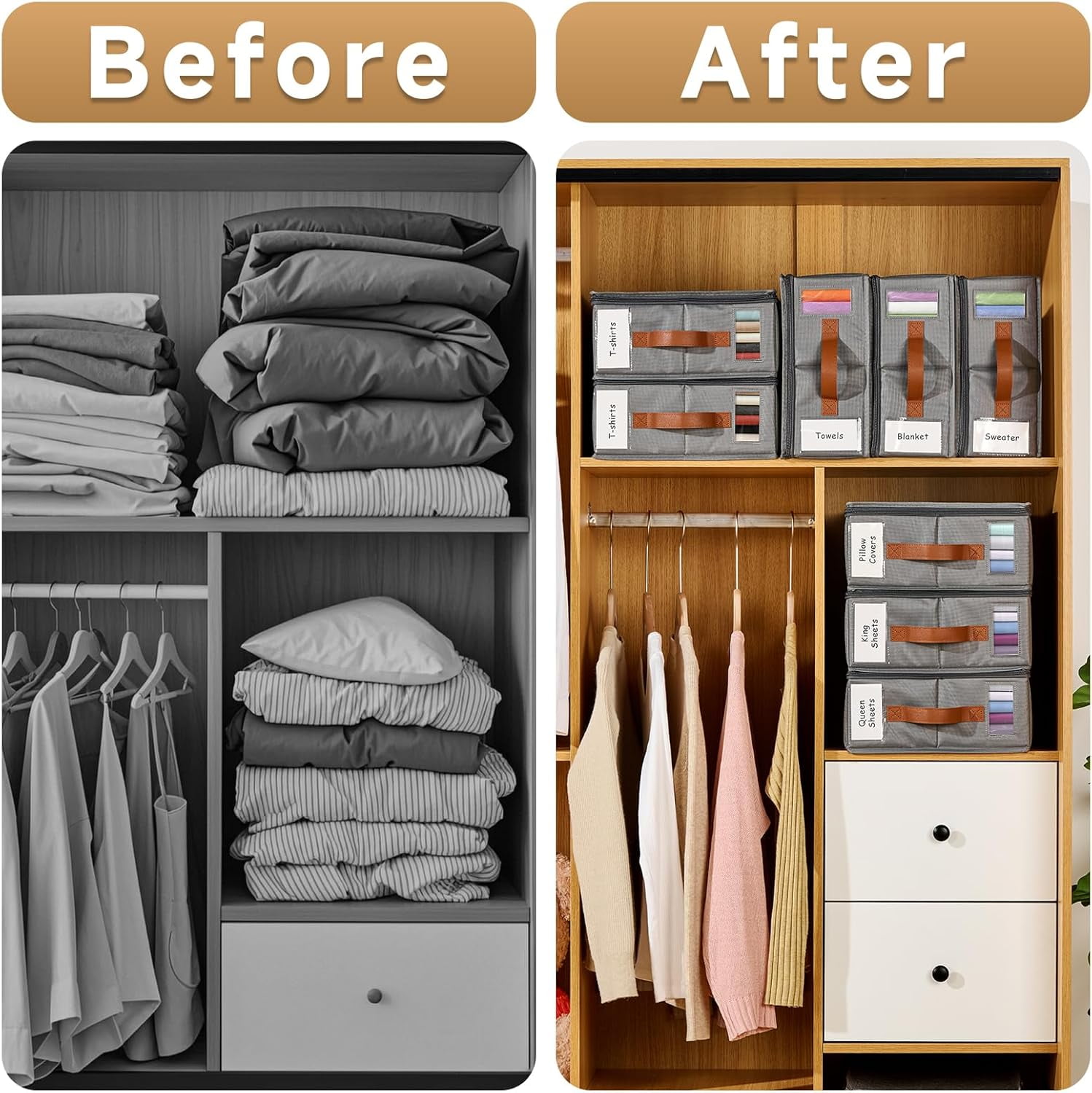VOZOGO 8 Pack Bed Sheet Organizers and Storage,Sturdy Foldable Closet Storage Containers with Window and Label,Bedding Holder for Sheet Set (King/Queen Sizes),Duvet Covers,Blankets,Grey