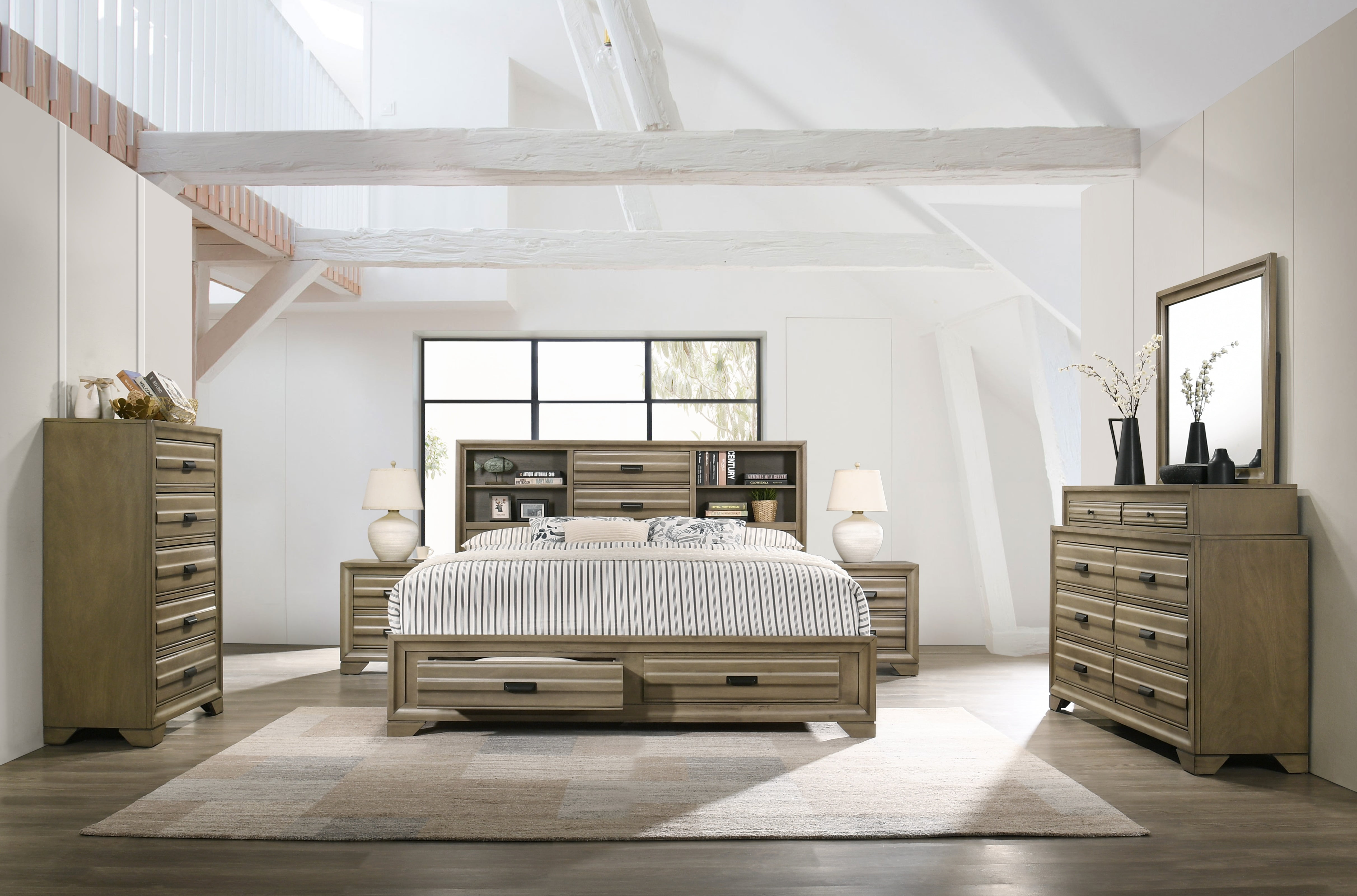 Loiret Light Grey Finish Wood Storage Platform King Bedroom Set with