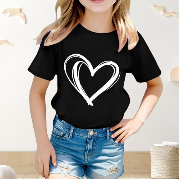 REDARER Girls' Big Kids Heart Themed Print Tee - Round Neck Short Sleeve Summer Loose Fitting Casual Comfortable Daily Wear Top,6-7 Years