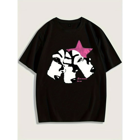 Men's Casual Graphic Tee - Star & Portrait Design, Loose Fit Short Sleeve T-Shirt, Machine Washable - Black