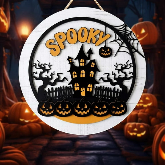 CAIMYY Happy Halloween Wooden Wreath Sign - Spooky Bat & Pumpkin Hanging Decor for Door, Wall, Photo Backdrop - Festive Indoor Outdoor Halloween Party Decoration