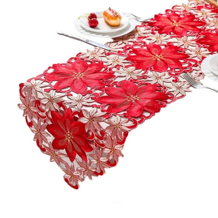 

BINYOU Christmas Embroidered Table Runners Luxury Poinsettia Holly Table Runner for Coffee Desk Xmas Placemat Decorations