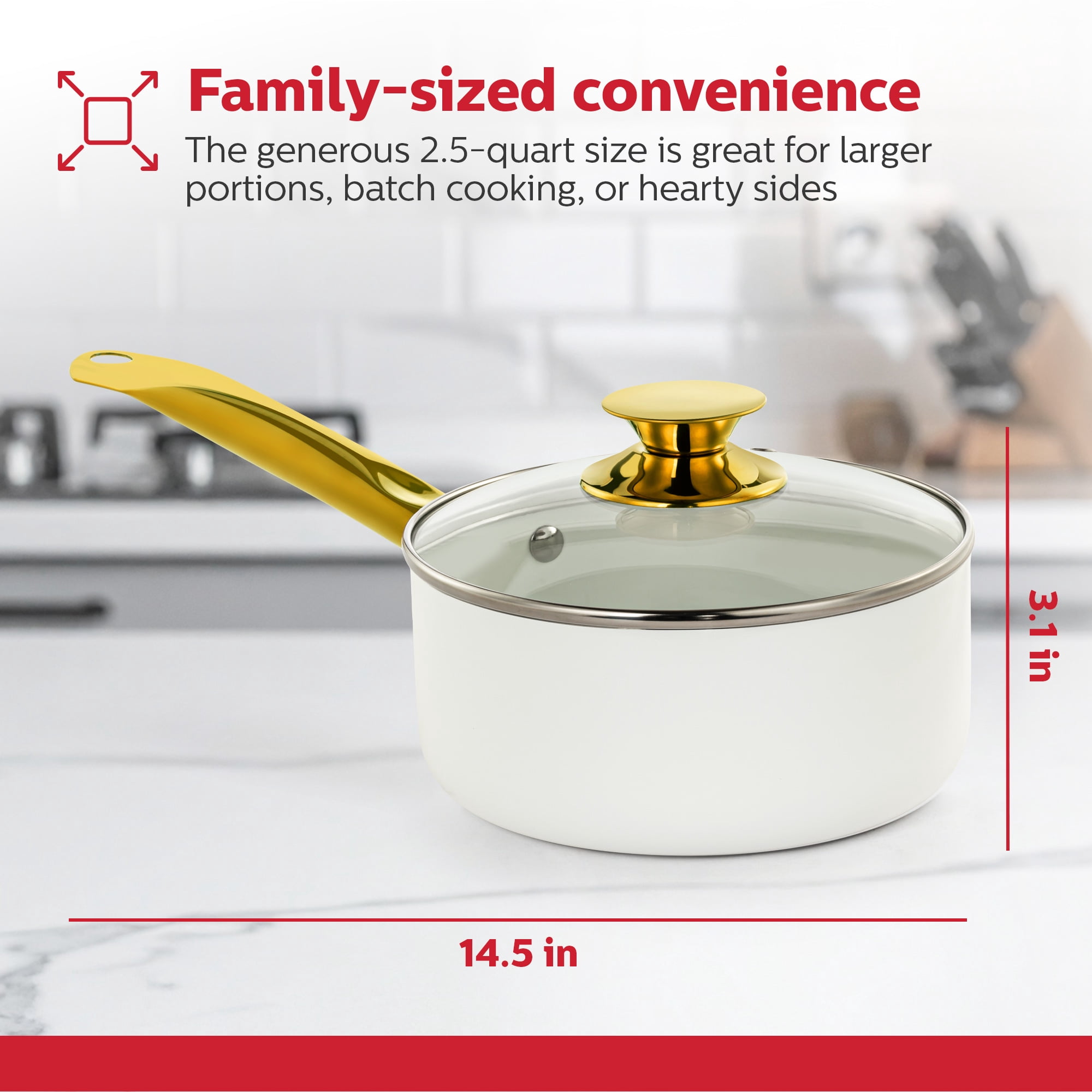 Holstein Housewares 2.5 Qt Nonstick Ceramic Saucepan with Gold Stainless Steel Handle, White and Gold