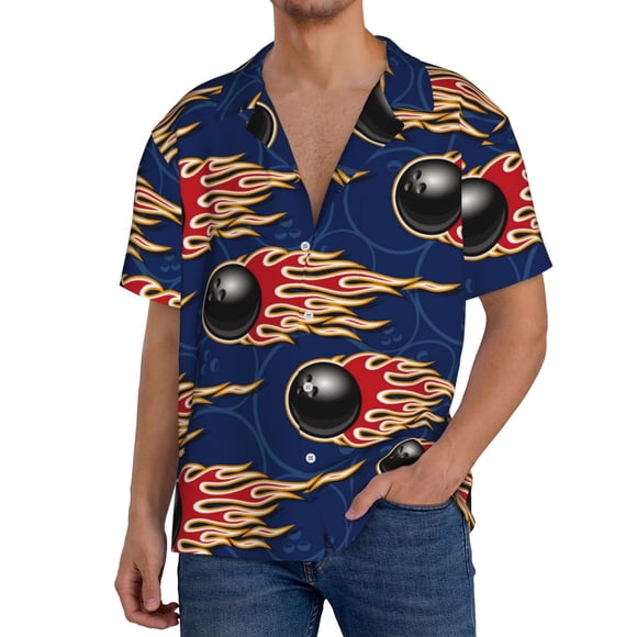 Vsdgher Bowling Ball And Flame Print Men's Cuban Shirt, Hawaiian Shirts, Business Casual Button Down Shirts, Short Sleeve Shirt-Small