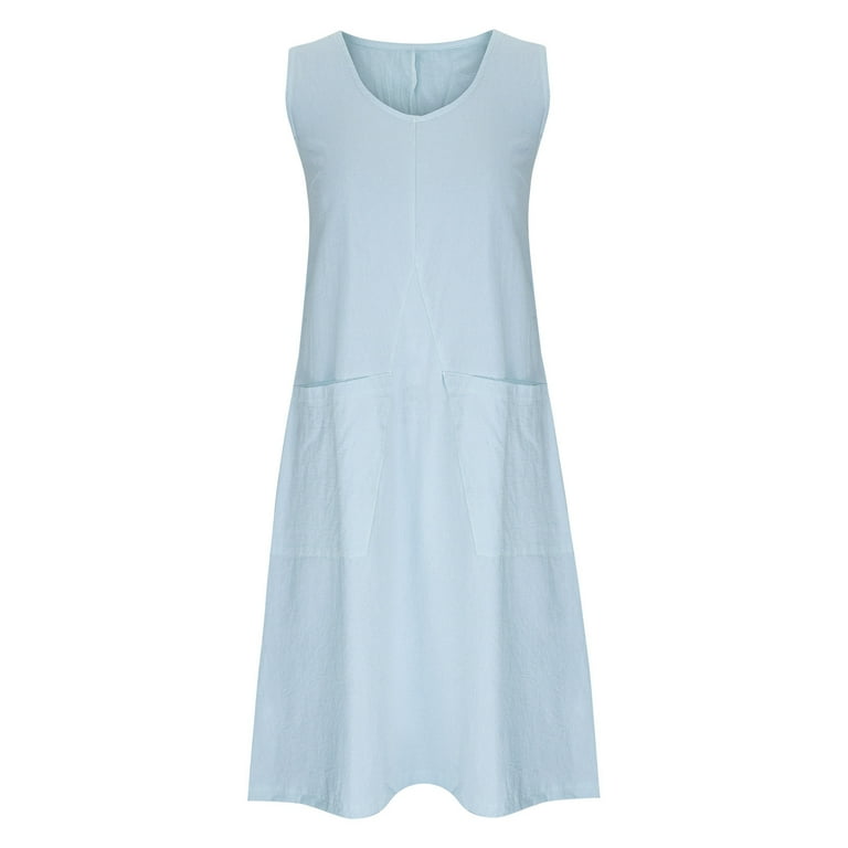 Dazajoo Women Summer Loose Sleeveless Linen Shift Midi Dress Casual Scoopneck Flowy Beach Tank Tunic Sun Dress with Pocket,Light Blue,L