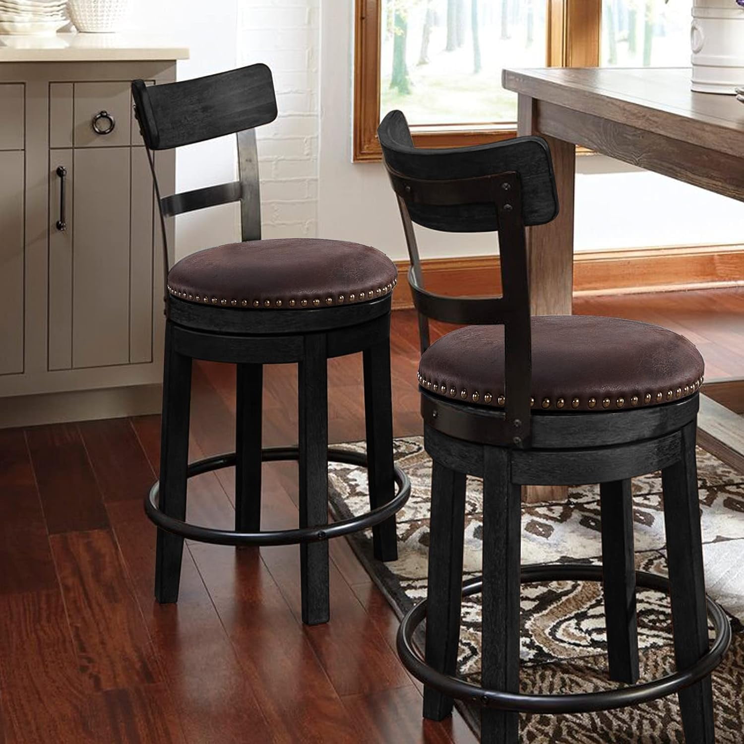 Nathaniel Home, 24" Swivel Counter Height Bar Stools, Dining Chairs with Backrest, Leather Seat Barstool Set of 2, Brown