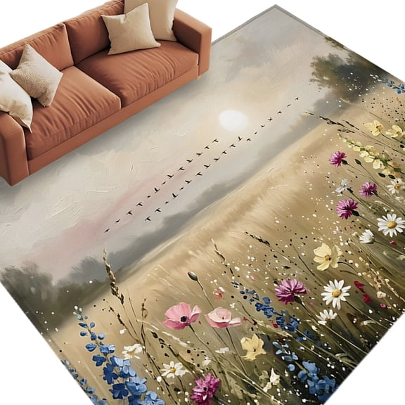 Wildflower Washable Living Room Rugs 6'x9', Nature Floral Flowers Sunset Birds Low Pile Throw Large Area Rug Non-Slip Sturdy Edge Binding Carpet for Dining Room Kitchen Office