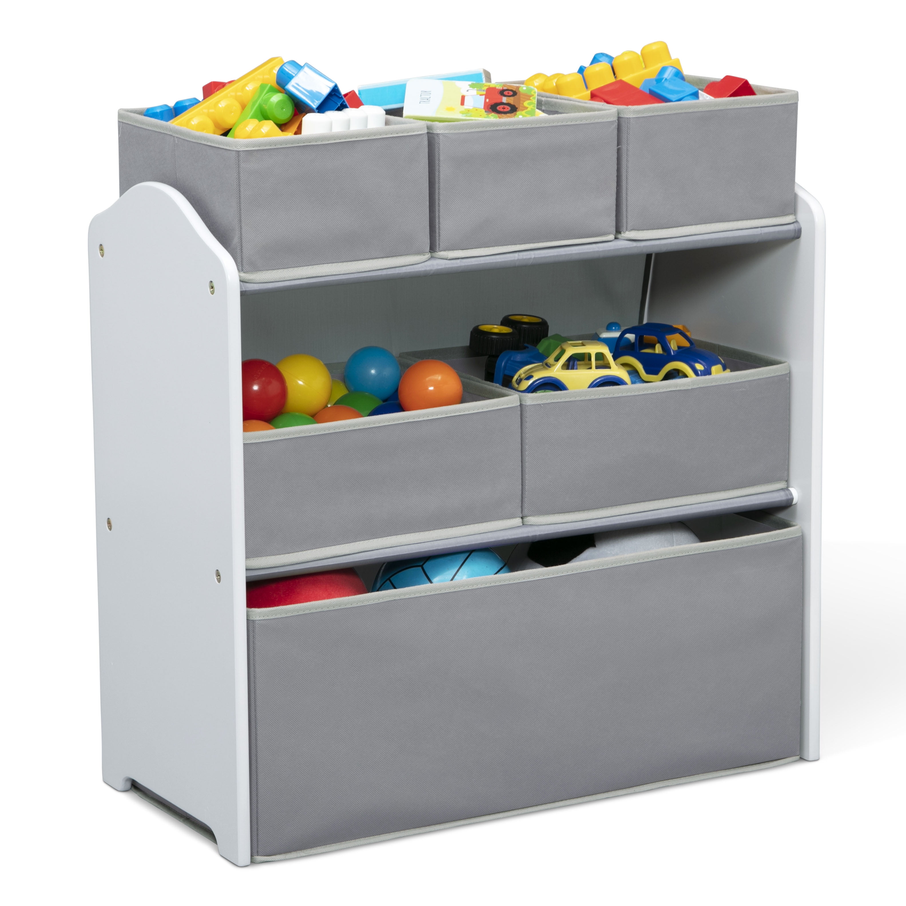 Delta Children 4-Piece Toddler Playroom Set – Includes Play Table, 2 Chairs and and 6 Bin Toy Organizer with Reusable Vinyl Cling Stickers, Light Grey/Dark Grey