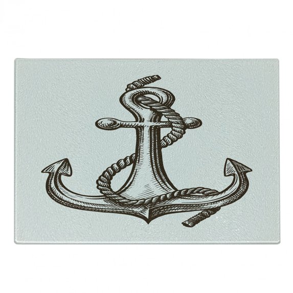 Vintage Nautical Tattoo Cutting Board, Engraving Look Sketch Anchor Rope Maritime Pattern, Decorative Tempered Glass Cutting and Serving Board, in 3 Sizes, by Ambesonne