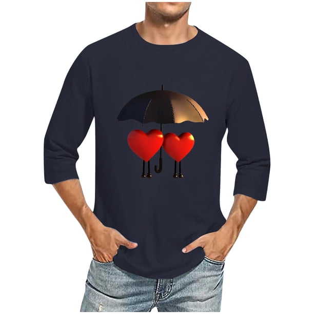 Camisas de Manga Larga para los Hombres Día de San Valentín Impresión Cuello Redondo Moda Casual, Mezcla de Poliéster de Lino de Algodón para Primavera Verano