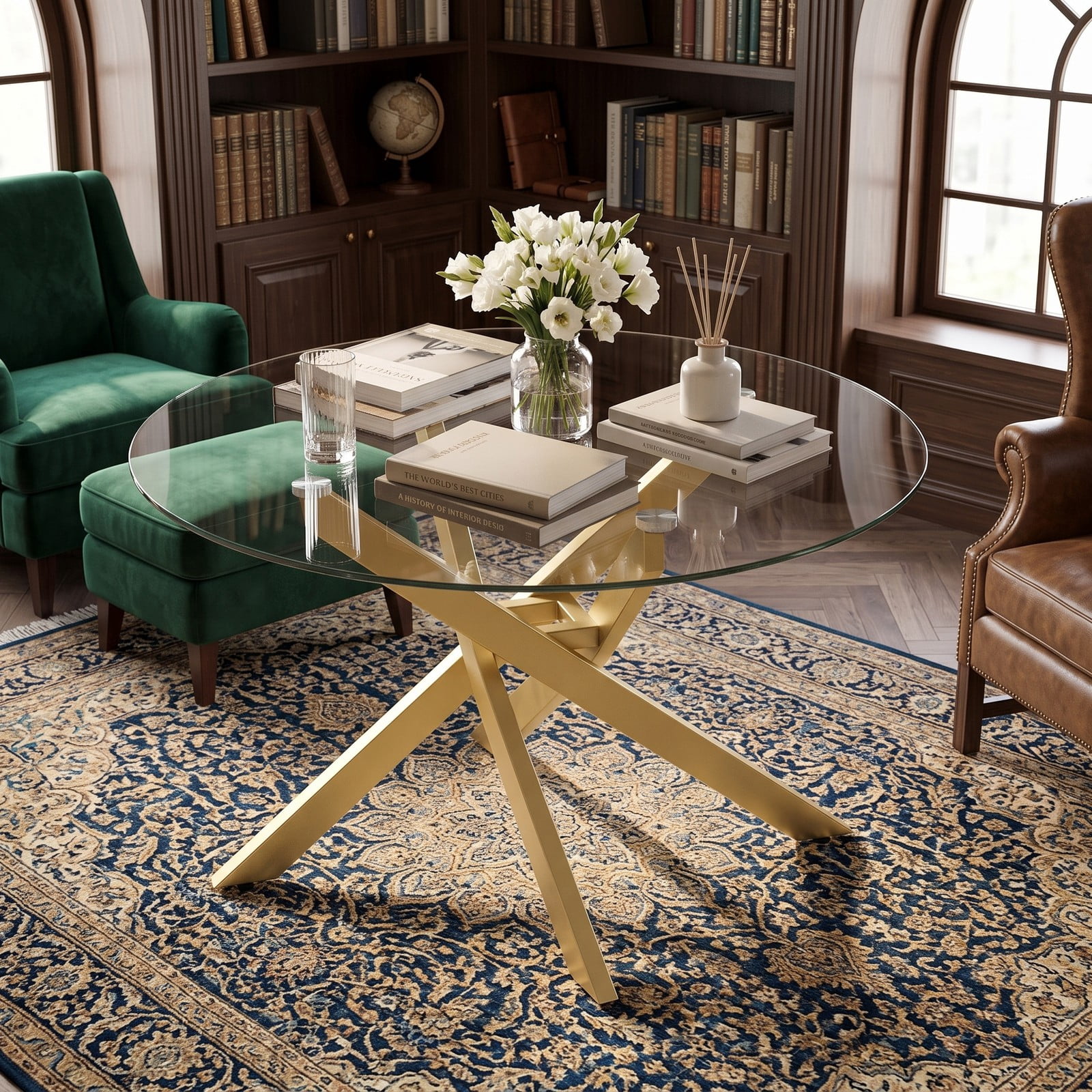 Furnibear Round Glass Coffee Table, Tempered Glass Top Center Table with Geometric Gold Metal Frame for Living Room, Adjustable Foot Pads, Modern Clear & Gold