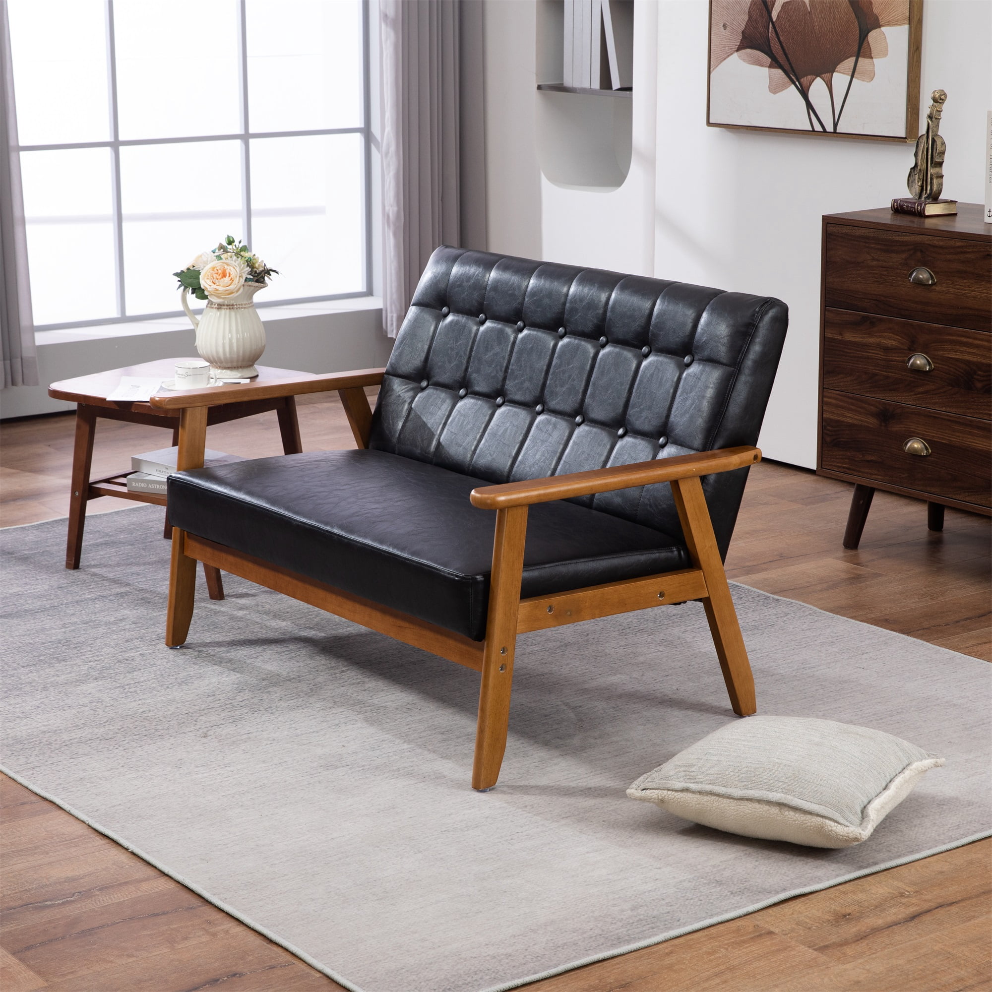 Miniyam Mid Century Modern Loveseat,2-Seat PU Leather Upholstered,Reading Couch,Accent Sofa,Black