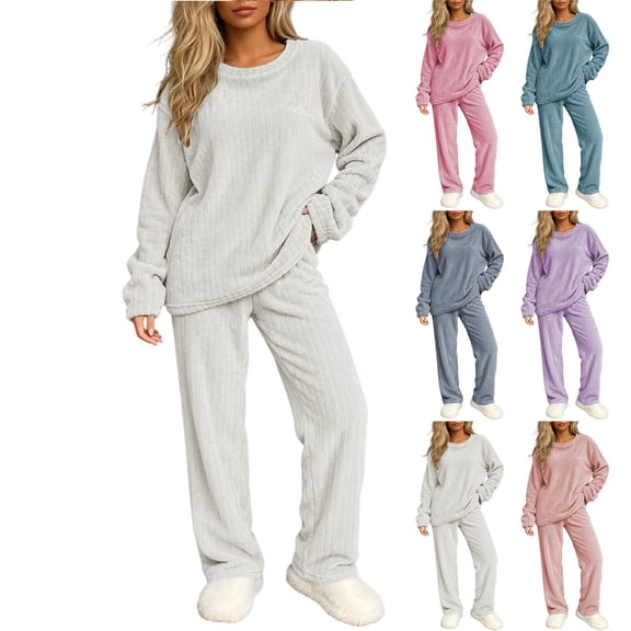 Ashirexll Pajamas for Women Set Solid Color Round Neck Long Sleeve Top with Matching Long Pants Cozy Loungewear Set