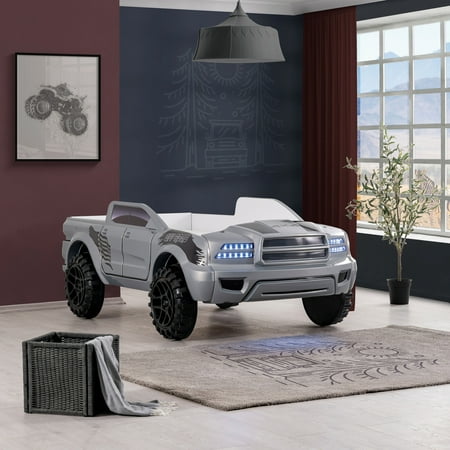 Furniture of America Rugged Kids Plastic Twin Pick-up Truck Bed with LED and Sound, Gray